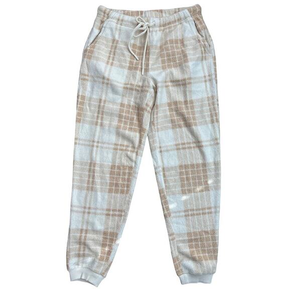 NWT Aerie Snowed In Fuzzy Jogger Plaid Pant Size Small Tan - Picture 1 of 5